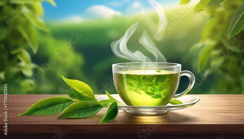cup of green tea with leaves