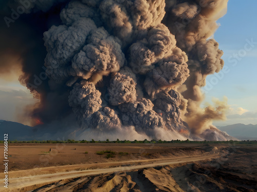 volcano eruption spews smoke ash and molten lava burning and clouds of poisonous smoke