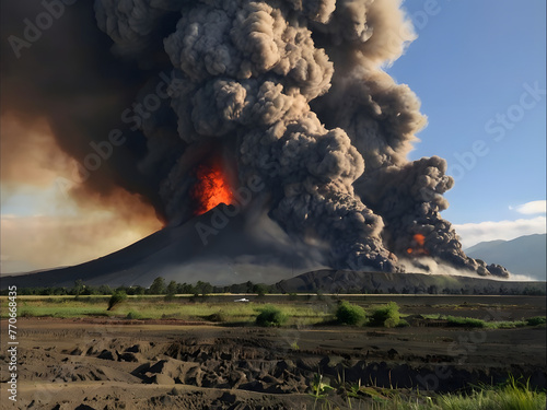 volcano eruption spews smoke ash and molten lava burning and clouds of poisonous smoke