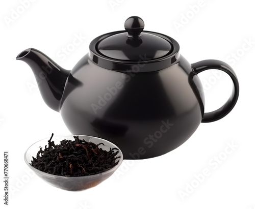 Black porcelain teapot whit black tea. Japanese teapot on the transparent background.