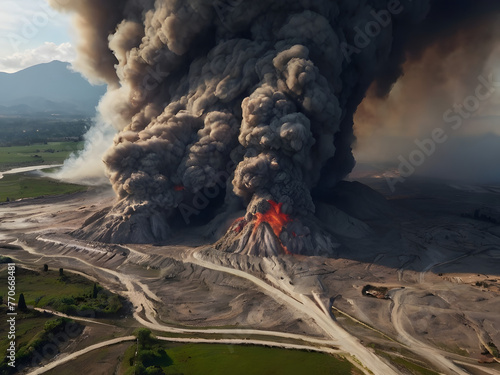 volcano eruption spews smoke ash and molten lava burning and damage 