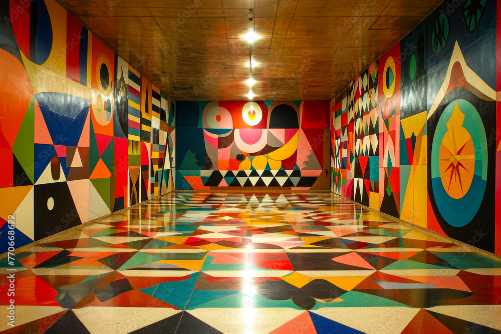 Long hall with colorful painting on one wall and abstract design on the other wall both of which reflect off the floor creating vibrant atmosphere.