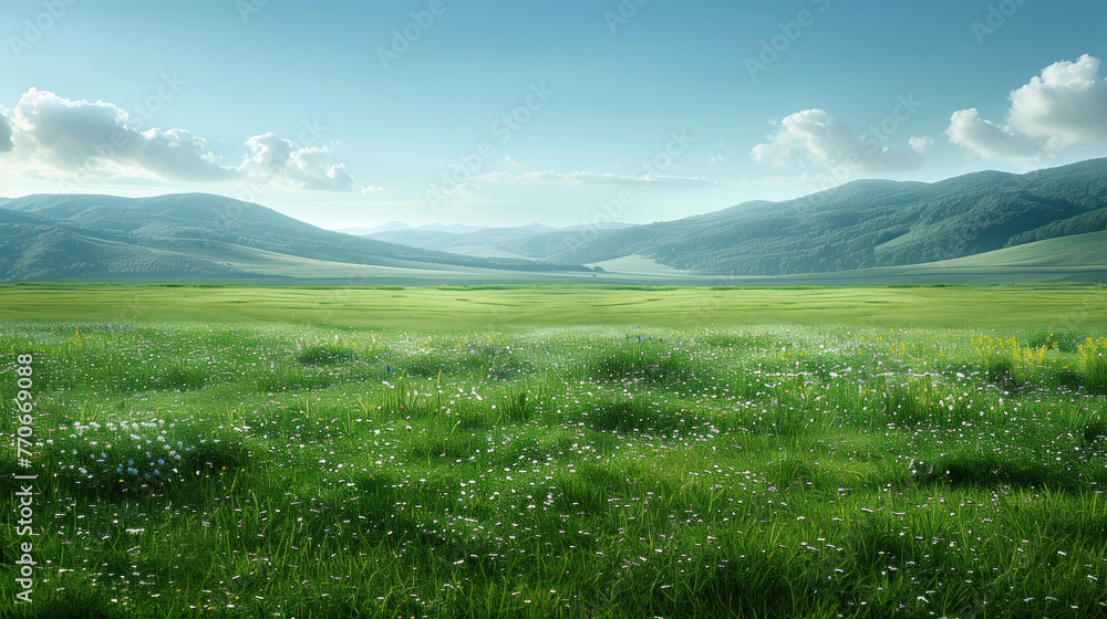Landscape of green field, hills in the distance, and sky.  Concept of nature, tranquility