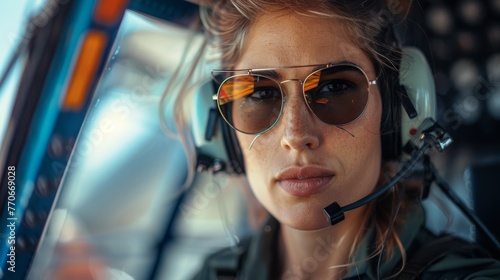 Confident female pilot inside helicopter cockpit preparing for takeoff