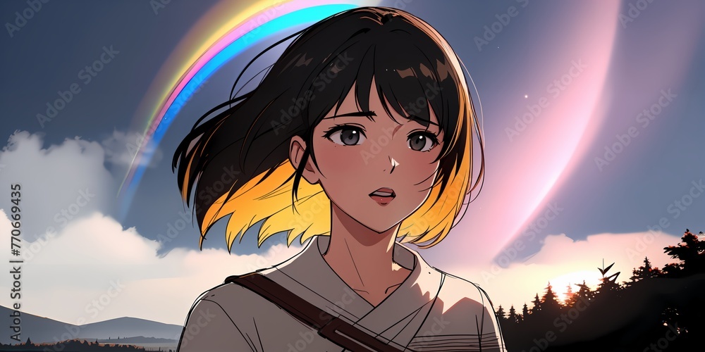 Beautiful teen enjoying nature and rainbow Beautiful teen enjoying nature and rainbow