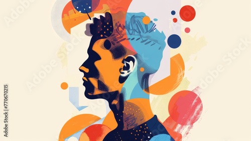Expressive human profile illustration accompanied by abstract shapes, inviting viewers into a world of imagination and innovation