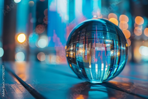 Closeup of a crystal ball sitting on a wooden table, with abstract data patterns reflected inside, symbolizing the predictive power of data analytics