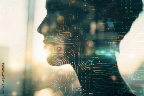 Closeup of a womans face with intricate circuit board pattern overlay  showcasing the fusion of human creativity and technology