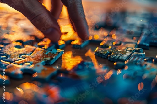 Close-up view of a persons hand touching a puzzle piece, symbolizing problem-solving and data-driven strategies