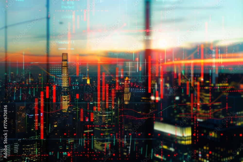 A city skyline view from a window at night, with abstract overlays of financial symbols and market indices visible