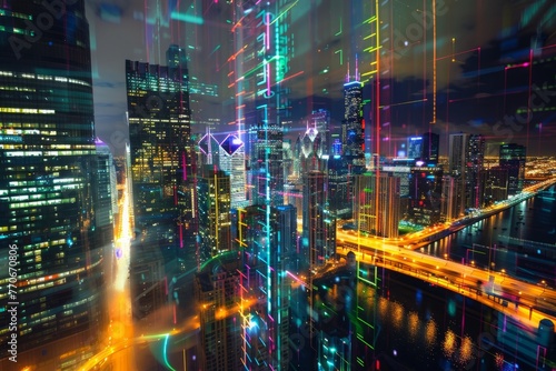 A high-angle shot of a bustling city skyline at night, featuring numerous colorful lights and a bridge illuminated with digital projections