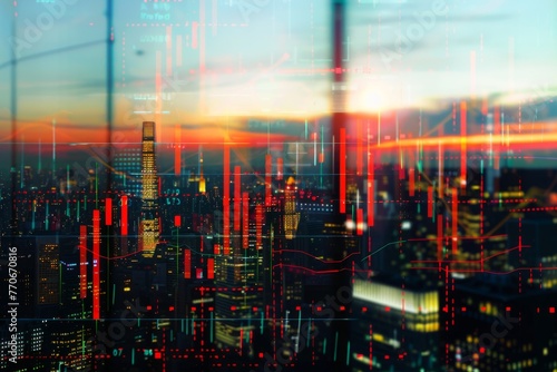 A city skyline view from a window at night, with abstract overlays of financial symbols and market indices visible