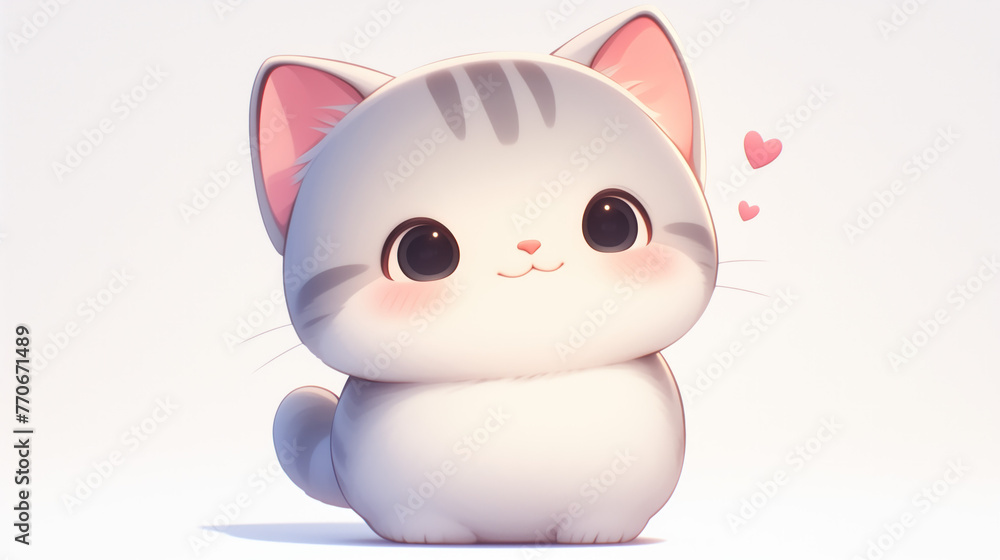 Fototapeta premium Cute illustrated gray kitten with big shiny eyes and hearts on a white background
