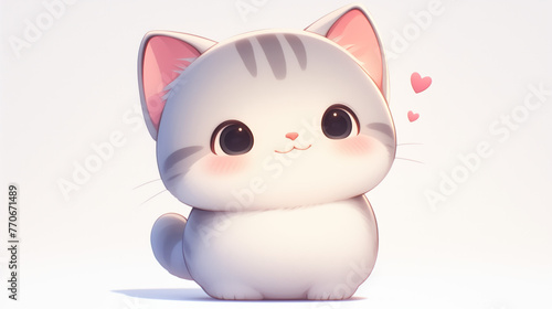 Cute illustrated gray kitten with big shiny eyes and hearts on a white background © Aleksandra Ermilova