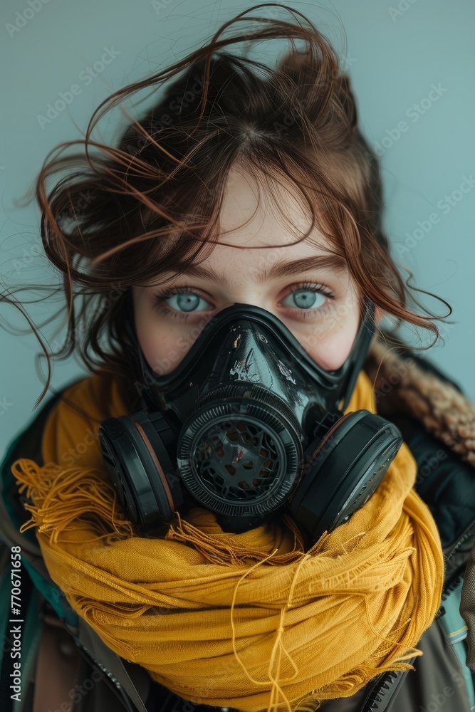 A cute girl wearing a gas mask and jacket with soft yellow scarf in pastel background A cute girl wearing a gas mask and jacket with soft yellow scarf in pastel background