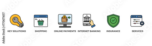 Financial service banner web icon vector illustration concept with icon of key solutions, shopping, online payments, internet banking, insurance and services