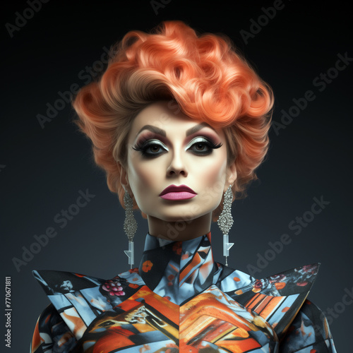 A portrait of a white woman with orange hair in a futuristic costume. A European lady wearing bold makeup and colorful extravagant dress. AI-generated