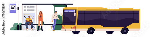 Urban transport arrives. Public vehicle rides on route. Electric mass transit. People standing, passengers waiting transfer at bus stop. City infrastructure. Flat isolated vector illustration on white