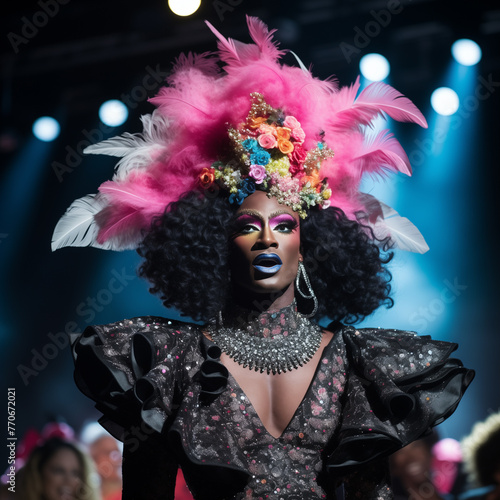 A stylish black transgender model in a runway fashion show. Excessive makeup and jewelry on a drag queen with feathers and flowers on her head. AI-generated