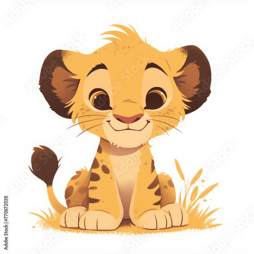 Illustration of a cute lion cub with big brown eyes and playful spots on his fur.