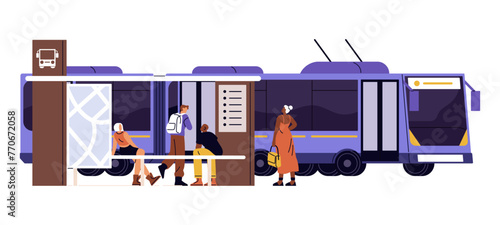 Trolleybus arrives at terminal station. Electric urban transport, public vehicle, mass transit rides on city route. Passengers waiting transfer at bus stop. Flat isolated vector illustration on white