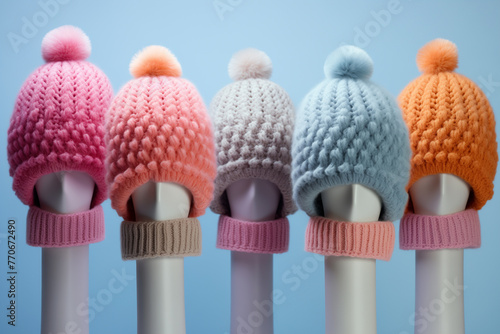 A row of mannequin heads wearing colorful knitted beanie hats with pompoms and collars. Children woolen headwear displayed in a winter fashion store. AI-generated