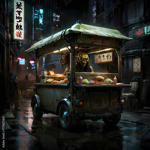 Ramen revolution food cart showdown in a cyberpunk world food push cart in the night © siangphong