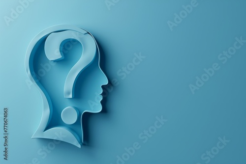 Conceptual illustration of a question mark inside a human head silhouette on a blue background