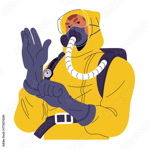 Environmentalist wearing mask, rubber gloves, protective suit, respirator. Person takes safety precautions to radioactive danger, radiation pollution. Flat isolated vector illustration on white
