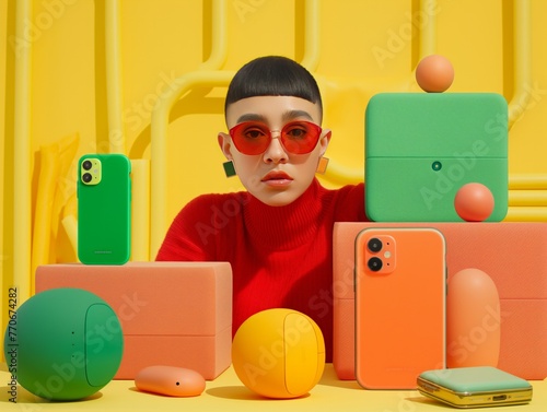 A woman is posing with a variety of cell phones and accessories, including a green and orange iPhone. Concept of style and modernity, as the woman is wearing sunglasses and a red sweater