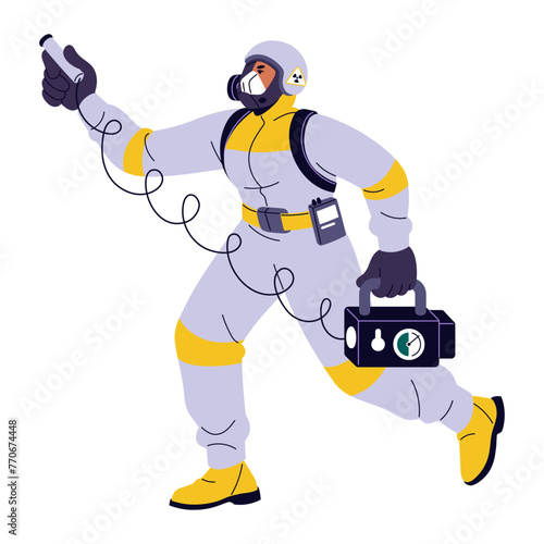 Worker in protective suit, helmet, mask measures radiation pollution with equipment, geiger counter. Person takes safety precautions to radioactive danger. Flat isolated vector illustration on white © Paper Trident