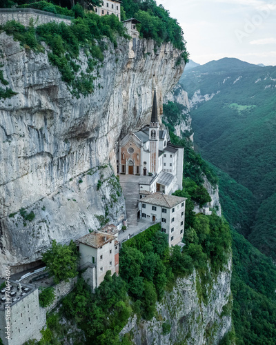 Aerial view of Sanctuario Madonna della corona church in Ferrara di Monte Baldo, Verona, Italy. photo