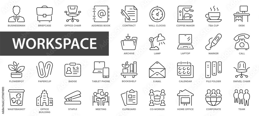Workspace and Office line icons. Desk, computer, briefcase, clock, meeting - thin line web icon set. Outline icons collection.