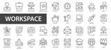 Workspace and Office line icons. Desk, computer, briefcase, clock, meeting - thin line web icon set. Outline icons collection.