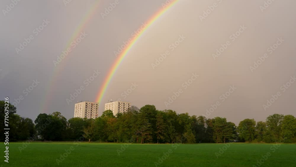 A multi-colored bright rainbow in the sky above the houses in the city ...