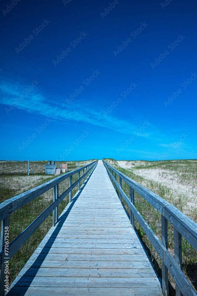 Vertical of a wooden boardwalk on the beach