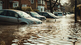 Extensive flooding in an urban area with cars submerged and streets turned into rivers due to extreme weather events.