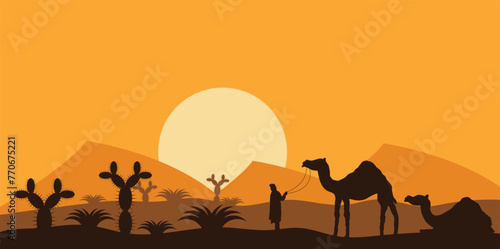 Desert Landscape with a Nomad and Camels. Nature and people concept vector art photo