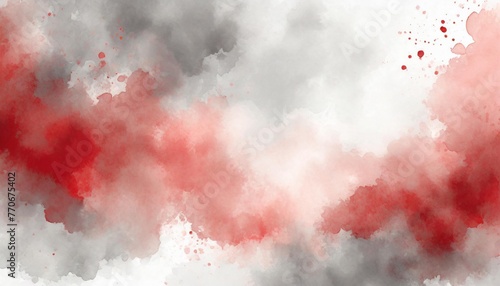 Artistic gray, blood-red and white watercolor background with abstract cloudy sky concept. Grunge abstract paint splash artwork illustration. Beautiful abstract fog cloudscape wallpaper.