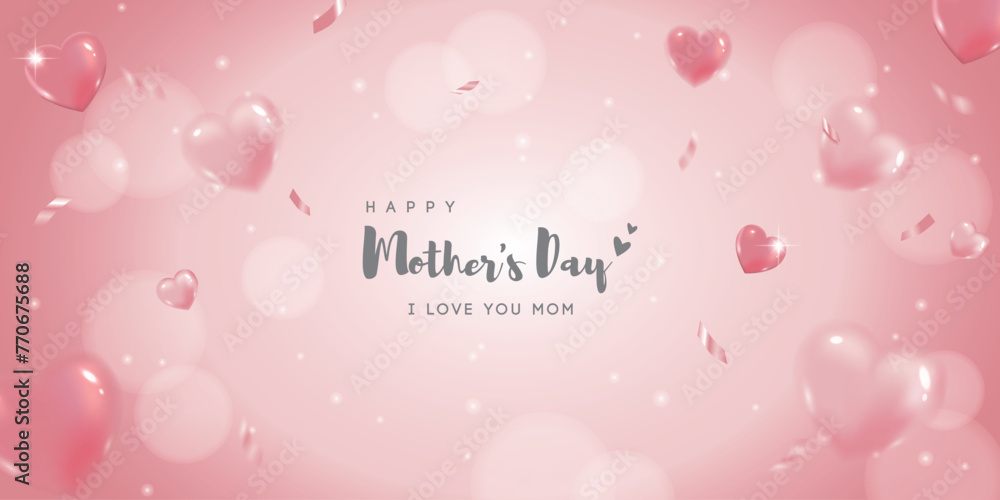 Mother's day banner with flying heart balloons
