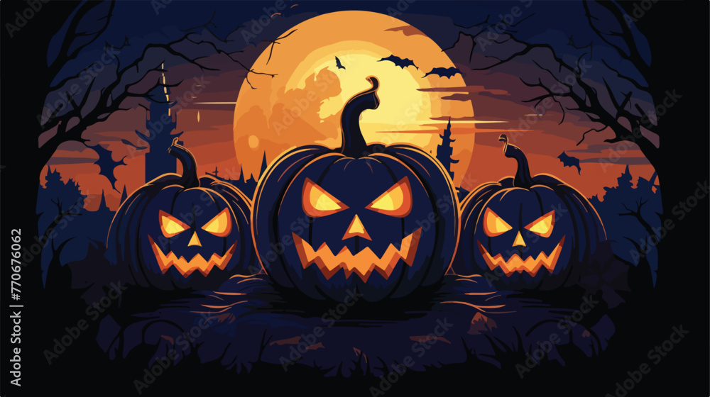 Halloween night pumpkins dark atmosphere vector 