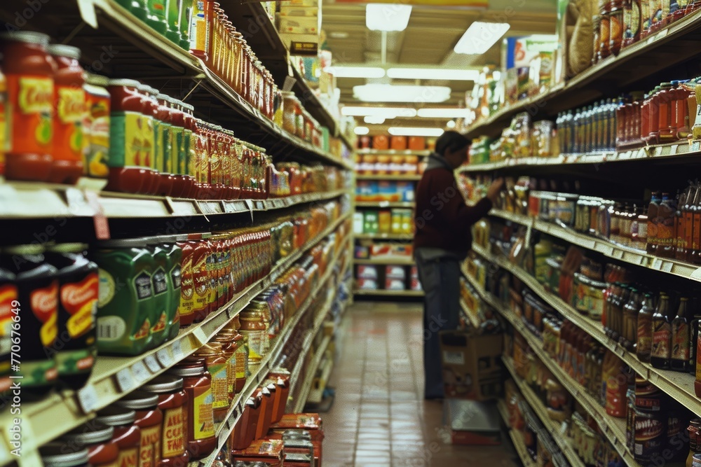 A man stands in a grocery store aisle filled with shelves of canned goods and pantry staples