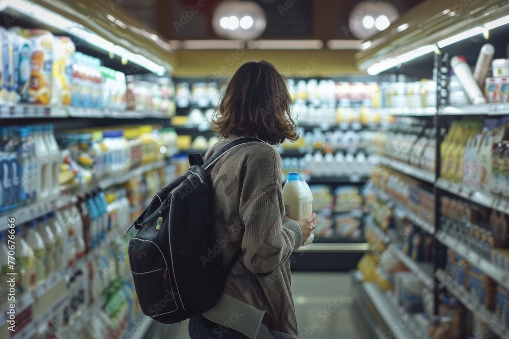 A woman wearing a backpack is browsing the dairy products in a grocery store aisle with shelves stocked with milk