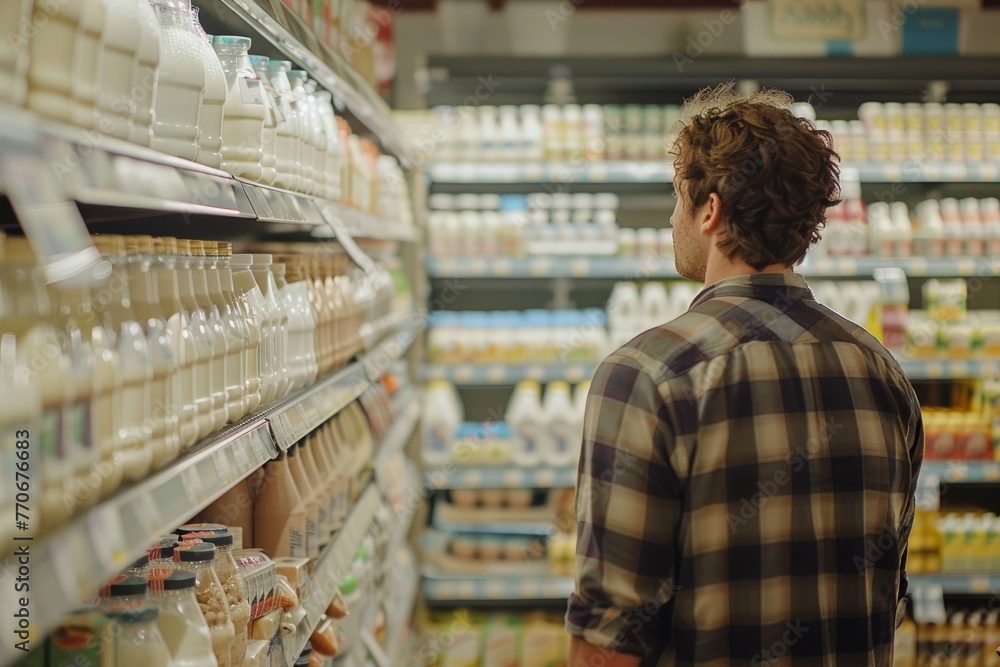 A man standing in a grocery store, carefully examining a shelf filled with various brands of milk