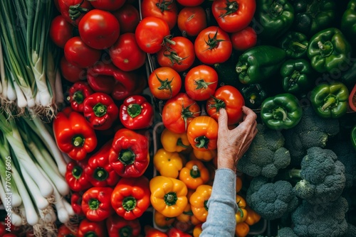 A persons hand selecting fresh vegetables from a colorful display at a farmers market