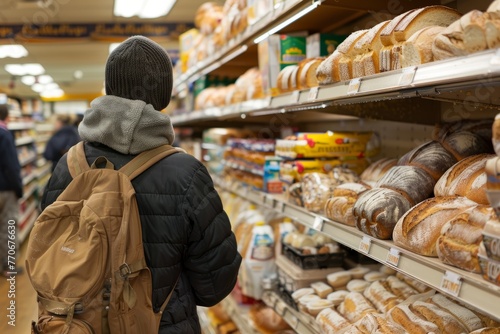 A person with a backpack is walking through a store filled with shelves of bread and bakery products © Ilia Nesolenyi