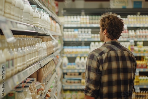 A man standing in a grocery store, carefully examining a shelf filled with various brands of milk
