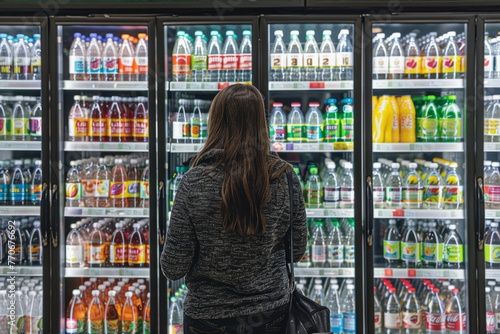 A woman standing in front of a display of drinks, selecting beverages from the refrigerated shelves filled with bottled water photo