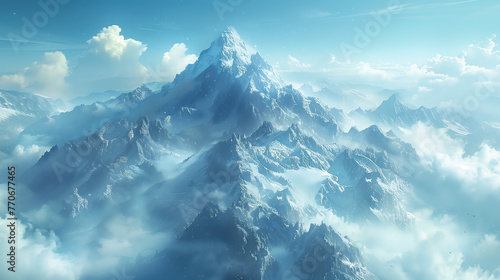 Majestic snow-capped mountain peaks protrude from beneath the clouds under a clear blue sky