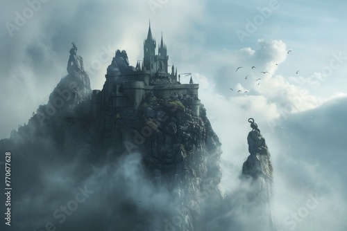 A medieval castle sits atop a mountain peak, enveloped by clouds and mist in a mystical setting